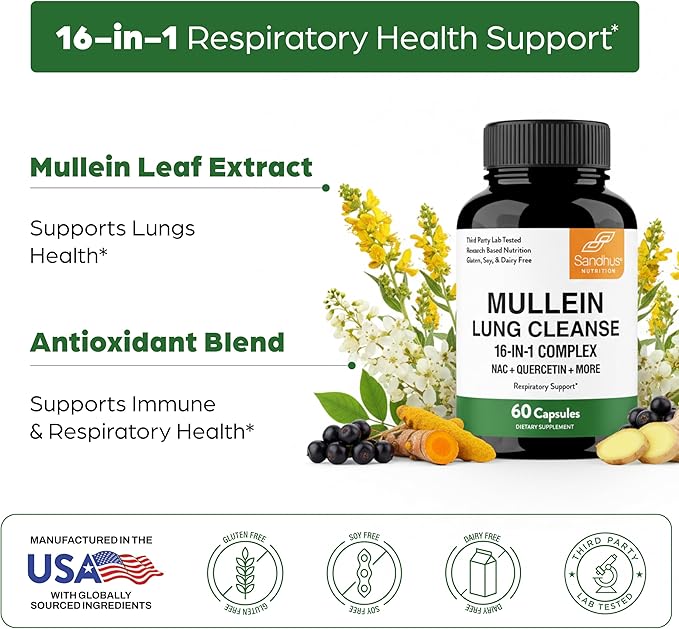 Sandhu's Mullein Capsules for Lungs with Quercetin | Mullein Leaf Extract Supplement for Immune Lung &amp Respiratory Health Support | for Men &amp Women | 60 Count (Pack of 1)