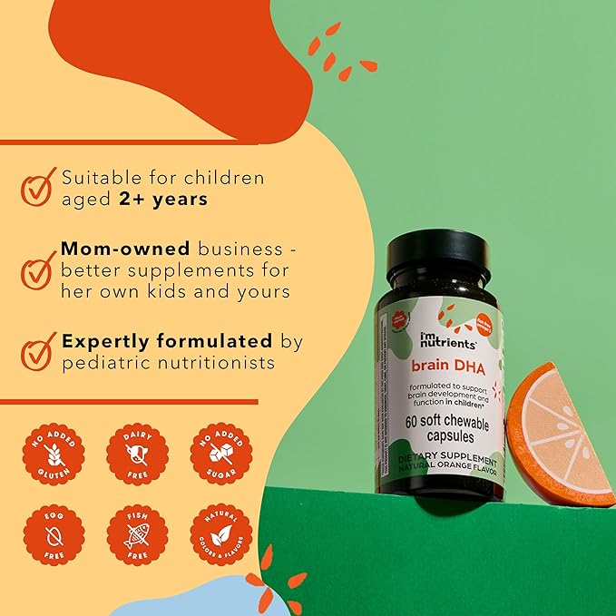 I'm Nutrients Brain DHA Algae Omega 3 Supplement for Kids | Supports Brain Development | Promotes Healthy Eye Function | Naturally Flavored | 60 Chewable Soft Gelatin Capsules