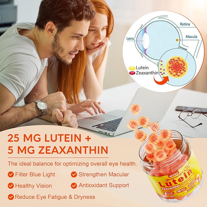 Sugar-Free Lutein Zeaxanthin Supplements Gummies (25mg) Vitamins A C E Bilberry Astaxanthin - Coconut Oil for Better Absorption - Adults &amp Teens Vision Health Eye Strain Dry Eyes - Vegan 60