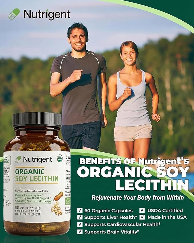 USDA Organic Soy Lecithin Supplement 800 mg High Absorption Liquid Organic Capsules Choline Lecithin Supplement for Brain &amp Liver Health Support Non-GMO Gluten Free 60 Count