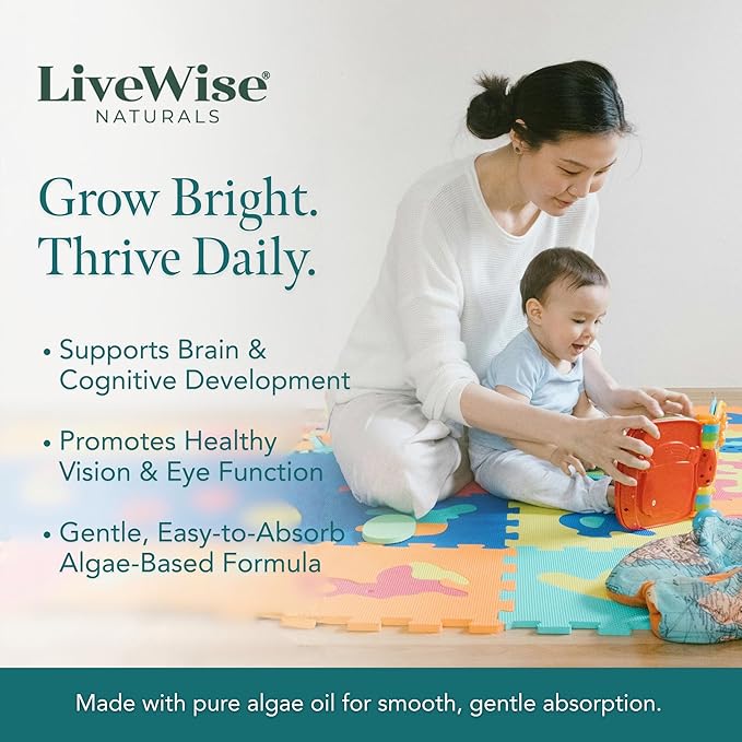 LiveWise Naturals DHA Omega 3 Drops for Kids - Vegan Liquid Omega 3 for Infants Toddlers &amp Children - Essential DHA Supplement for Baby Brain Eye &amp Immune Health