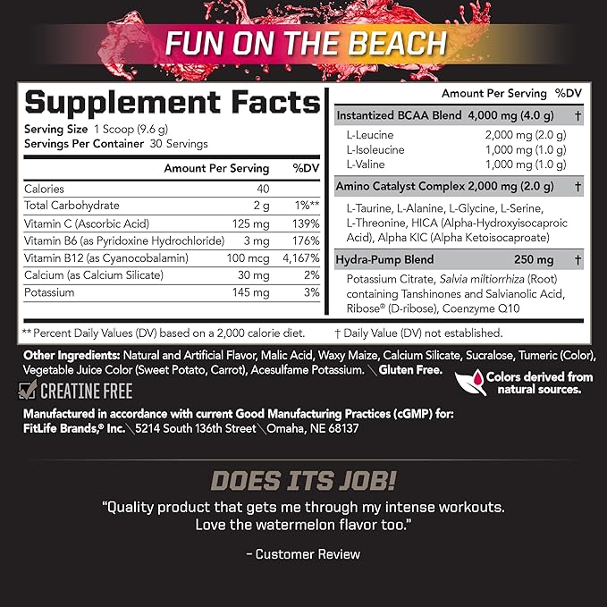 PMD Sports BCAA Stim-Free Amino Acids - Better Workout Performance Enhanced Recovery Daily Energy Muscle Builder and Muscle Sparing - BCAA Powder Drink Mix - Fun on the Beach (30 Servings)