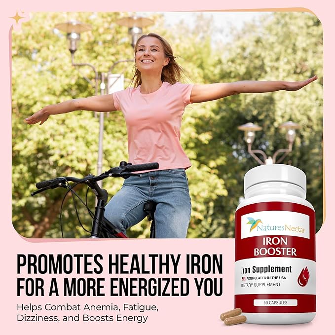 Nature's Nectar Blood Builder Iron Supplement for Men &amp Women – Slow Release Non-Constipating Iron Capsules with Vitamin B-12 Folic Acid &amp Vitamin C – Supports Red Blood Cell Production 60 Ca