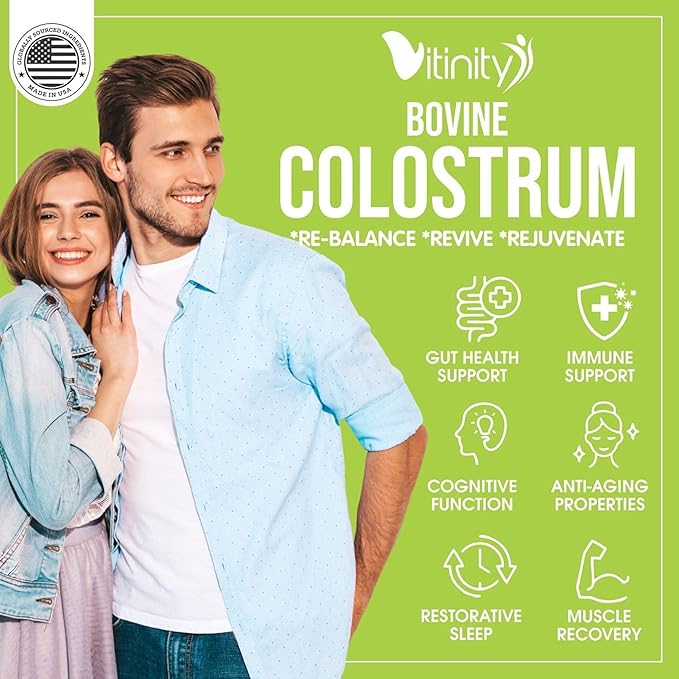 VITINITY Grass Fed Bovine Colostrum Powder for Humans 3000 mg - Natural IgG Colostrum Supplement Gut Health Immune Support Muscle Recovery Wellness | Pure Colostrum SuperfoodUnflavored 2 Pack