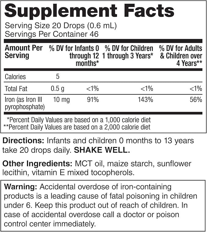 BioFe Pure Iron Drops Unflavored for Infants and Children 1 Fl. Oz. 10mg Elemental Iron Micronized and Microencapsulated Iron