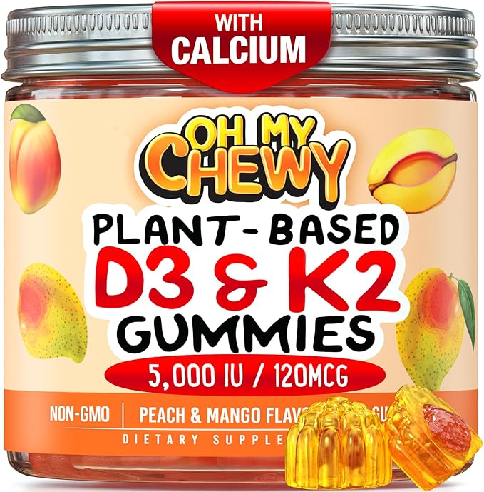 OH MY CHEWY Center-Filled Vitamin D3 K2 &amp Calcium Gummies - Supplement for Healthy Teeth Bone &amp Energy - 5000 IU D3 120 mcg K2(MK-7) 120 mg CA - Vegan &amp Non-GMO - 120 Count