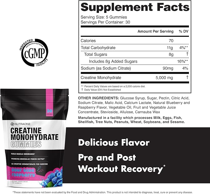 NutraOne Creatine Monohydrate Gummies Pre- and Post Workout Recovery Fuel Muscular Performance Increase Endurance Support Muscle Recovery (Sour Blue Raspberry)