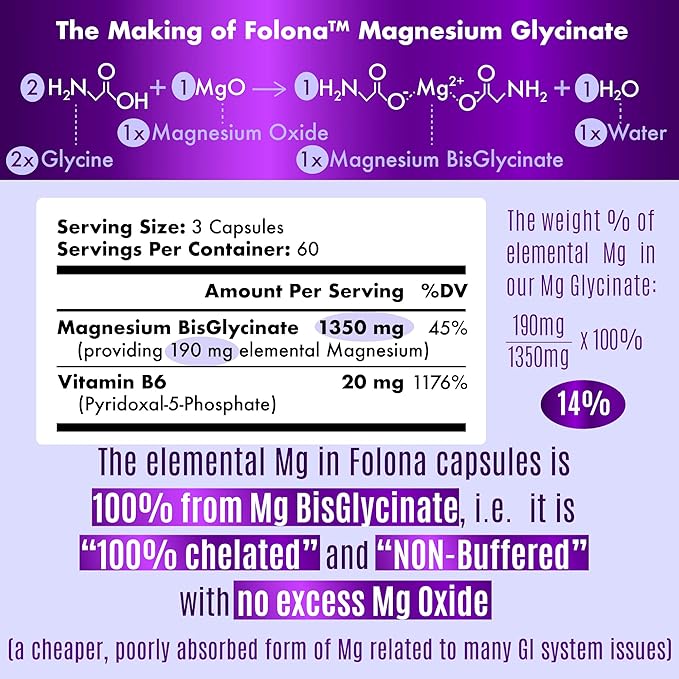 Folona Magnesium Glycinate with Vitamin B6 Research Proven to Enhance Absorption 1350mg Fully Chelated - Supports Sleep Stress Relief Energy Muscle Cramps - Gluten Free NonGMO 180 Vegan Capsules
