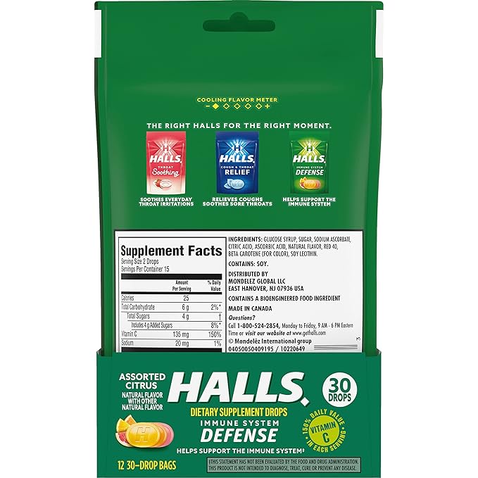 HALLS Defense Assorted Citrus Vitamin C Drops Dietary Supplement Drops 12 Bags of 30 Drops (360 Total Drops)