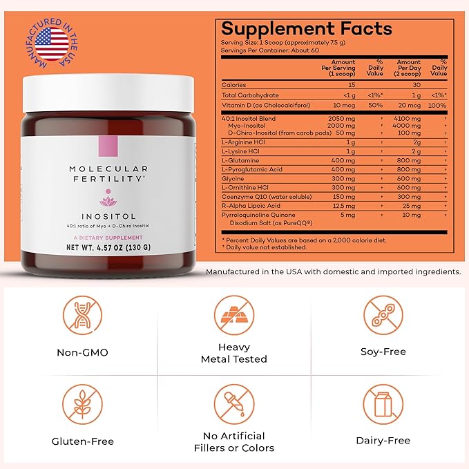 Myo-Inositol &amp D-Chiro Inositol Powder - Fertility Supplement for Women &amp Men - 40:1 Ratio Hormone Balance Reproductive Support Glucose Metabolism - Unflavored - 30 Day Supply