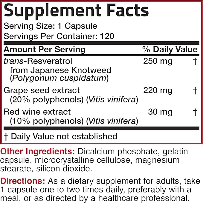 Bronson Resveratrol 500 Complex Standardized Trans-Resveratrol + Grape Seed &amp Red Wine Extract 120 Capsules
