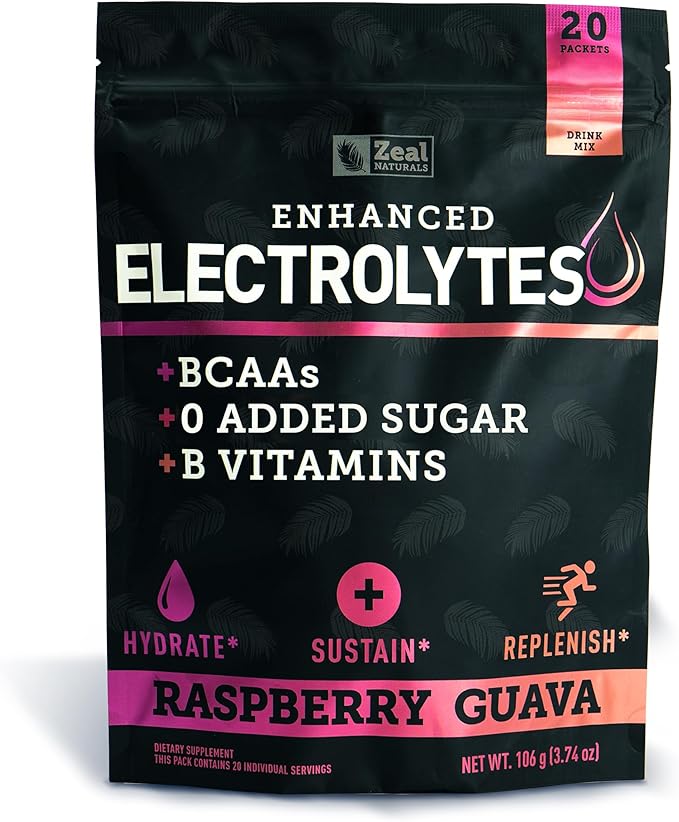 Enhanced Electrolyte Powder Stick Packs (Raspberry Guava | 20 Packets) w/ 0 Sugar +BCAAs +B-Vitamins Electrolyte Supplement w Potassium Zinc &amp Magnesium for Hydration - Keto Electrolytes