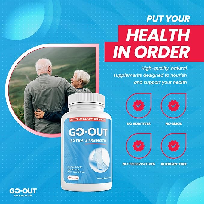 Mt. Angel Vitamins Go Out - Extra Strength Support - Uric Acid Balance with Tart Cherry Celery Seed Turmeric - Non-GMO Gluten-Free - 60 Caps