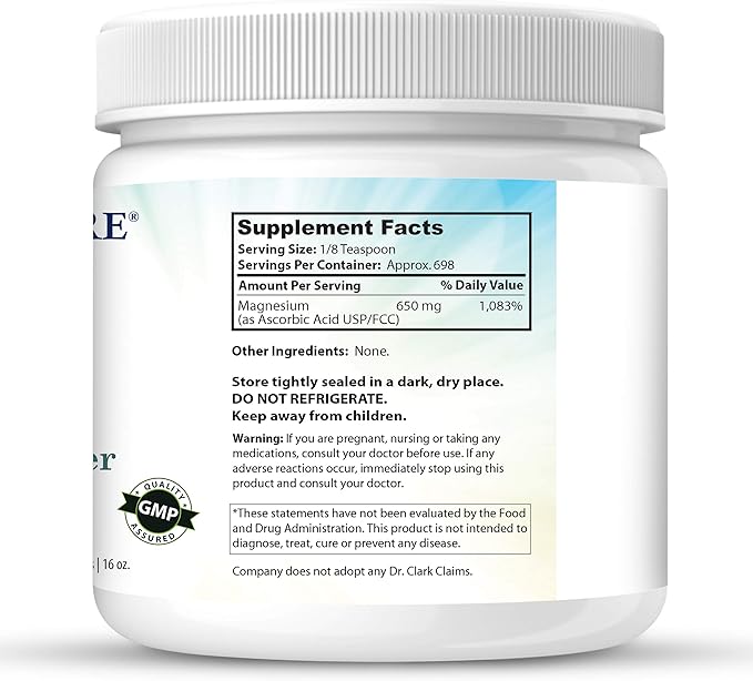 Dr Clark Vitamin C Powder Ascorbic Acid - Immune Support Supplement Gluten Free Potent antioxidant Supports Brain Function Promotes Tissue Formation and Repair 454gm | 16oz