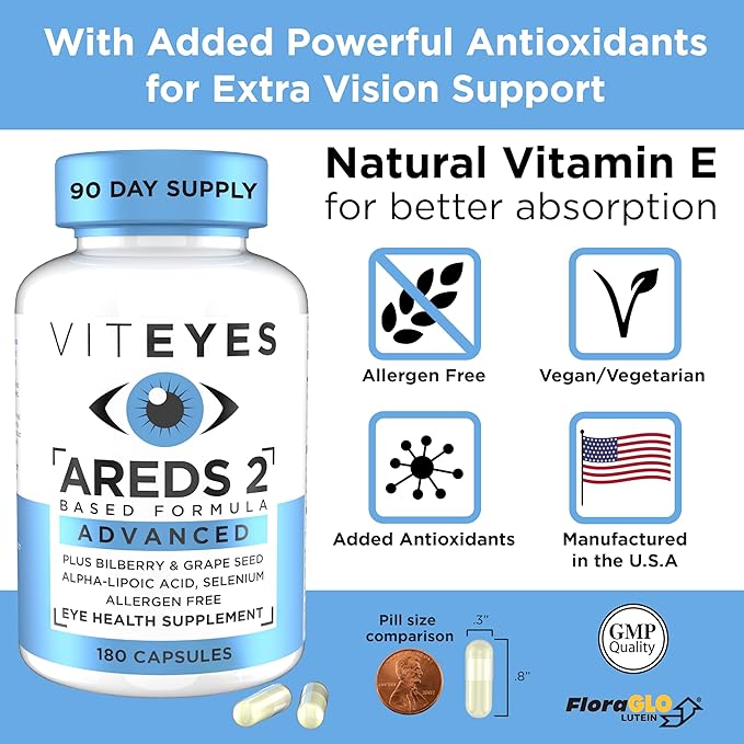 Viteyes AREDS 2 Advanced Eye Vitamins Macular Support with Bilberry grapeseed FLORAGLO Lutein Selenium Natural Vitamin E Allergen Free Vision Protection Eye Doctor Trusted 180 Count