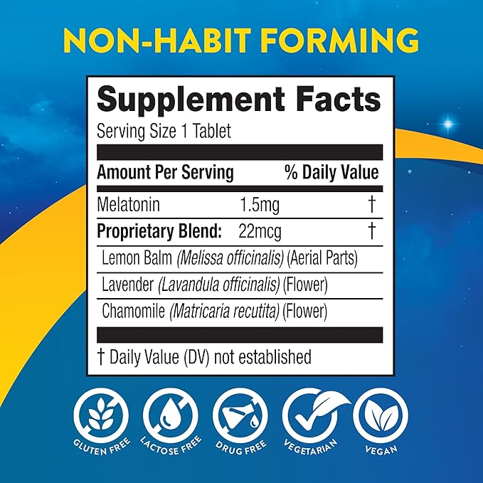 MidNite Back To Sleep Low Dose 1.5 mg Melatonin Sleep Aid Non-habit Forming Herbal Dietary Supplement For Adults Drug-free Gluten-free Lactose-free Vegetarian Vegan 30 Quick Melt Tablets 2 ct