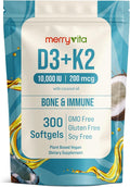 MERRY VITA Vitamin D3 K2 300 Softgels – 10000 IU &amp 200 MCG K2 MK7 – Plant-Based Vegan Non-GMO Gluten-Free – Coconut Oil – Immune Bone &amp Muscle Support – D3 con K2 vitamina Supplement