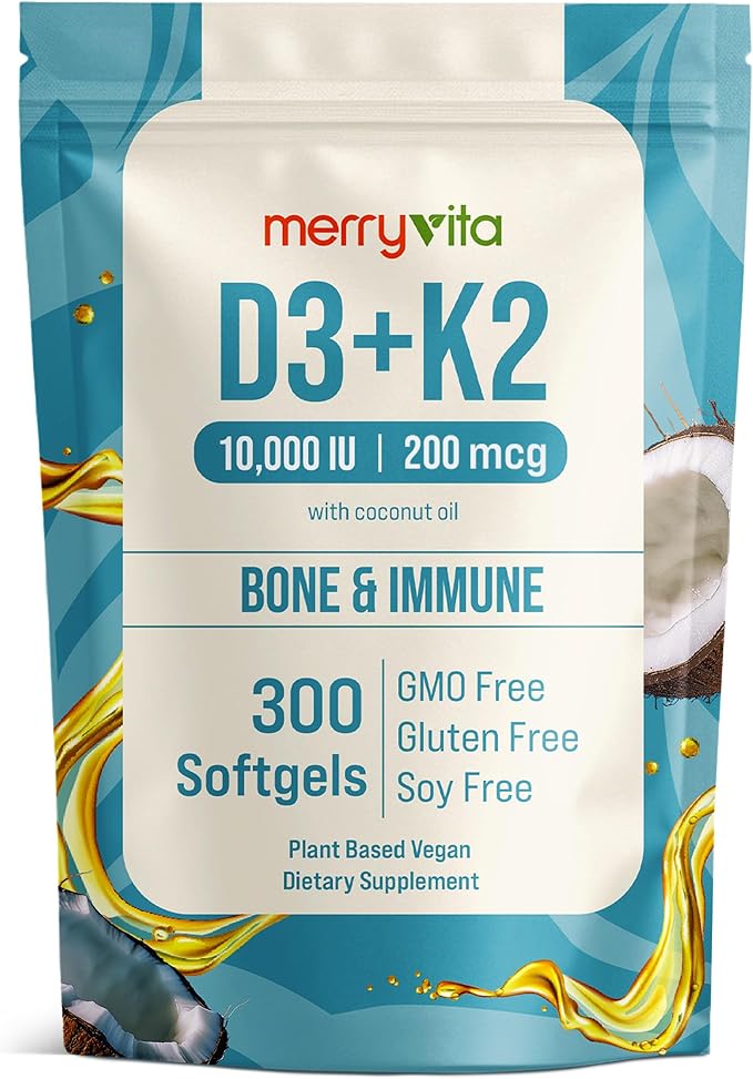 MERRY VITA Vitamin D3 K2 300 Softgels – 10000 IU &amp 200 MCG K2 MK7 – Plant-Based Vegan Non-GMO Gluten-Free – Coconut Oil – Immune Bone &amp Muscle Support – D3 con K2 vitamina Supplement