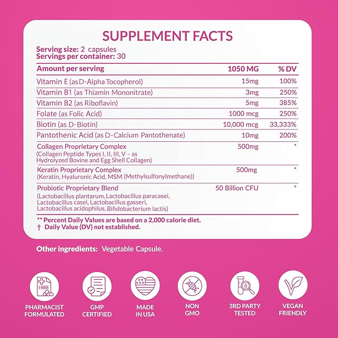 ADVANCED Women's Probiotics for Gut Health With Hair Skin &amp Nails Vitamins Support - 50 Billion CFU w/ Collagen Biotin &amp Keratin - Probiotic Supplement for Digestive Health &amp Bloating R