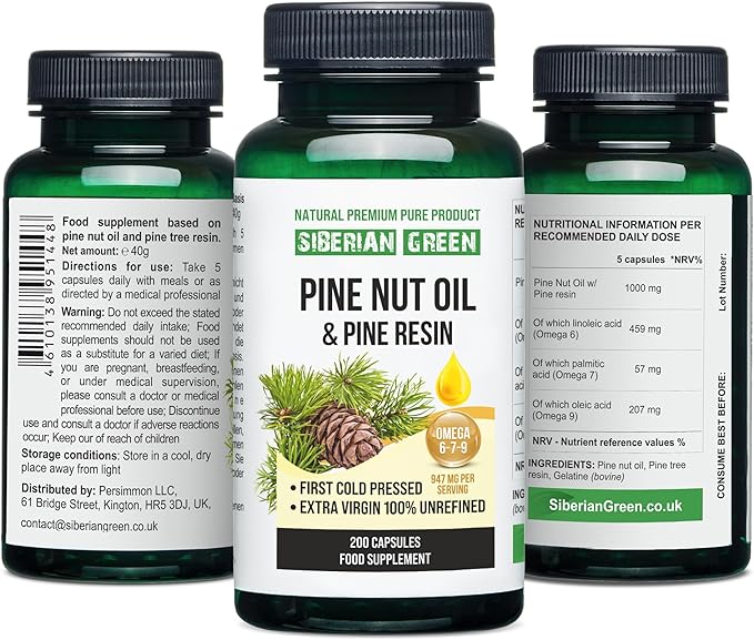 Siberian Green Pine Nut Oil w/Pine Resin Capsules 200 Softgels Wild Harvested Siberia Altai Cold Pressed Unrefined