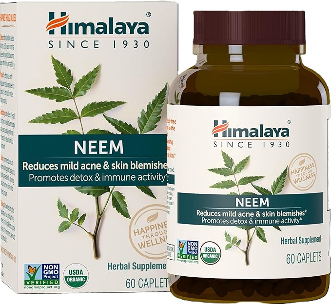 Himalaya Organic Neem Herbal Supplement for Mild Acne &amp Clear Skin Purifying Ayurvedic USDA Certified Organic Non-GMO Vegan 600 mg 60 Plant Based Caplets 2 Pack