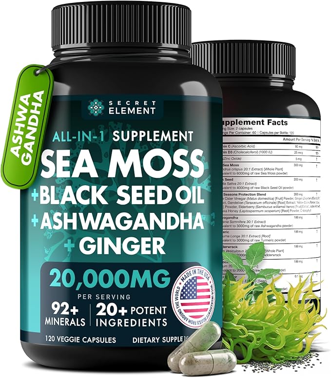 Secret Element Irish Sea Moss Black Seed Oil Ashwagandha Ginger 20000mg Capsules Seamoss Black Seed Oil Ashwagandha Burdock Root All in One Supplement 120 Capsules