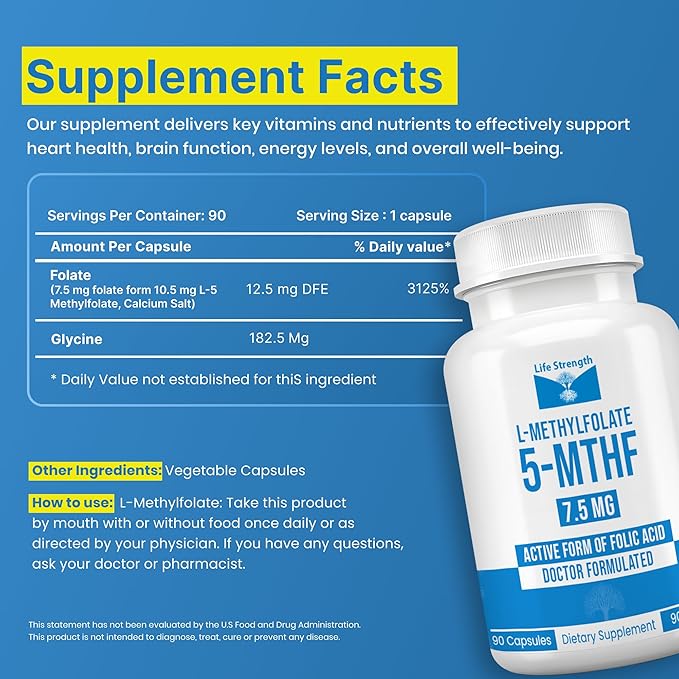 L Methylfolate 7.5mg | 90 Capsules | Optimized &amp Highly Bioactive Methyl Folate Supplement | 5-MTHF Supports for Energy Focus &amp Mood | Non-GMO Gluten Free Vegan | 3 Month Supply