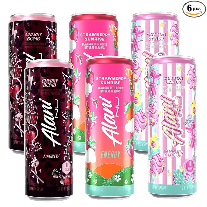 Alani Cherry Bomb Strawberry Sunrise Cotton Candy Energy Drink Sugar Free Low Calorie Energy Drinks - 12 fl oz Can 6 Pack