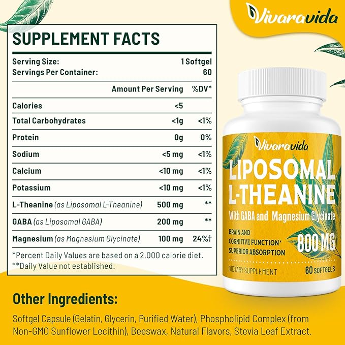 L-Theanine 800mg Supplement with GABA and Magnesium Glycinate - Natural Compound Sleep and Relaxation (60 Softgels)