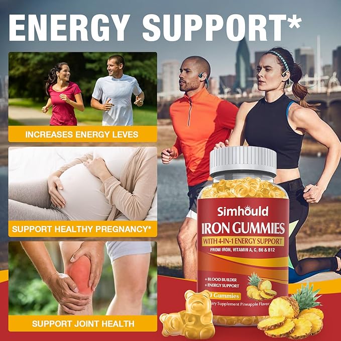 2 Pack Vegan 80MG Iron Supplement Gummies for Women &amp Men - Vitamin A C B for Adults &amp Kids - Blood &amp Builder &amp Energy Support for Iron Deficiency Anemia 120 Counts Pineapple Flavo