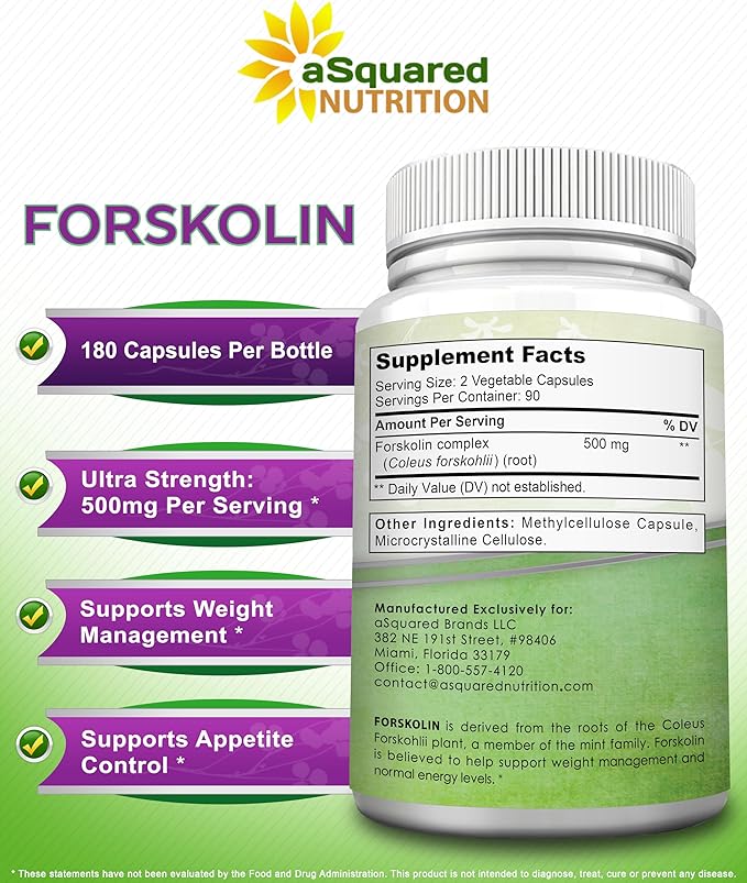 aSquared Nutrition Forskolin 500mg Per Serving Max Strength-180 Capsules Supplement for Pure Weight Loss Fuel Coleus Forskohlii Root - Forskolin Diet Pills Belly Buster Fat Burner 2X Slim Trim Lose