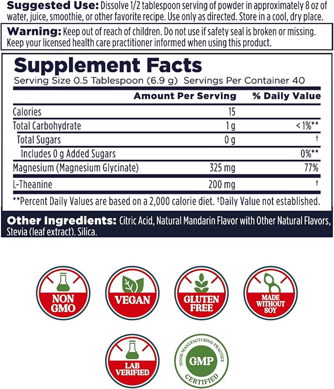 KAL Mood Magnesium Powder with L-Theanine - Mandarin Flavor Magnesium Supplement - Relaxation Support High Absorption No Added Sugar Vegan Gluten Free Made Without Soy - 40 Servings 9.8 oz