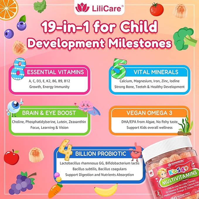 Kids Multivitamin Gummies + Omega 3(DHA/EPA) Methylated Multivitamin for Kids + Iron Choline Probiotic Vitamins A C D3 K2 E Methylfolate B6 B12 for Growth Immune Bone Brain No Sugar 60 Cts