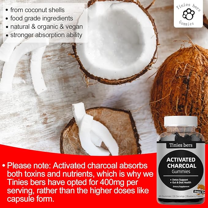 Tinies bers Activated Charcoal Gummies 400mg Magnesium Oxide Gummies 500mg Sugar Free for Adults &amp Kids Quicker to Cleanse Detox Gas Relief Gut &amp Oral Health Best Mg Form for ‘Digestion’