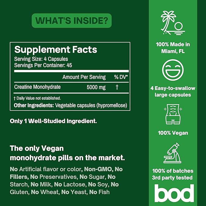 Bod Creatine Monohydrate Capsules – 45 Servings (4 Capsules = 5 g) – Ultra-Pure 200 Mesh Creatine Monohydrate – Strength Power Muscle Growth &amp Recovery