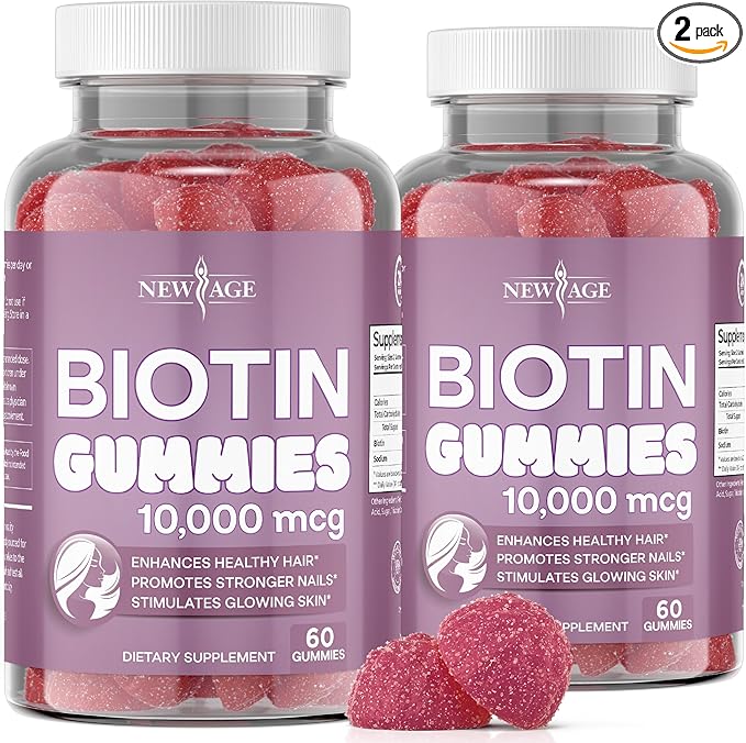 NEW AGE Biotin Gummies – Hair Skin &amp Nails Gummies – 10000 mcg - Non-GMO Supplement for Women Men - Made in USA -120 Count