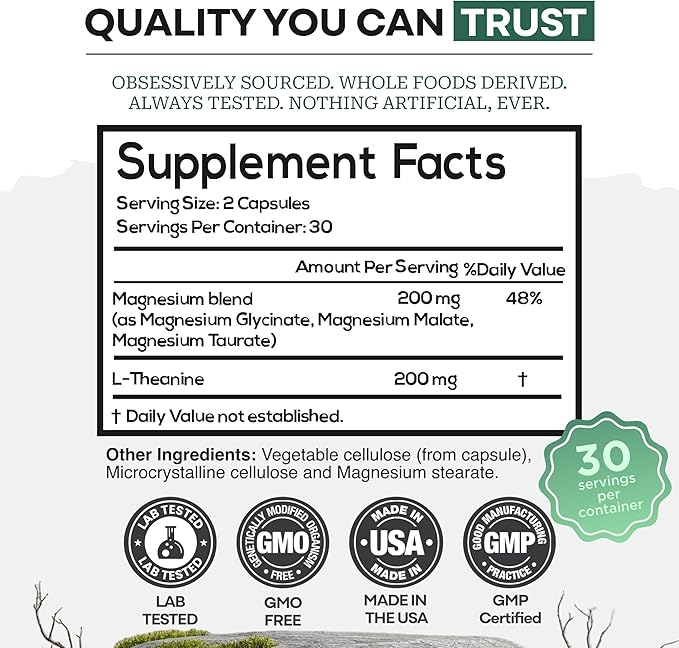 Wild Foods 3 in 1 Magnesium Glycinate L Theanine for Calm Sleep &amp Muscle Relaxation - Glycinate Malate Taurate - 100% Natural Magnesium Complex for Women and Men - 60 Capsules