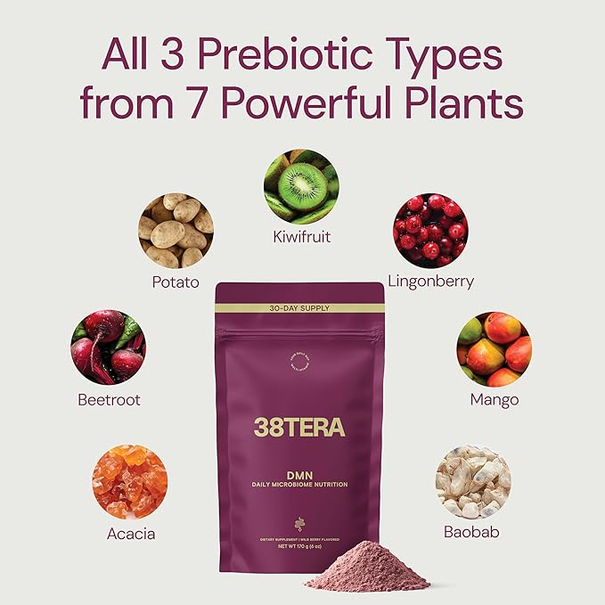 DMN (Daily Microbiome Nutrition) 6 Oz Plant-Based Fiber Powder with 3 Different Prebiotics Helps Digestive &amp Gut Health Low FODMAP Supplement Vegan Wild Berry Flavor 30 Servings