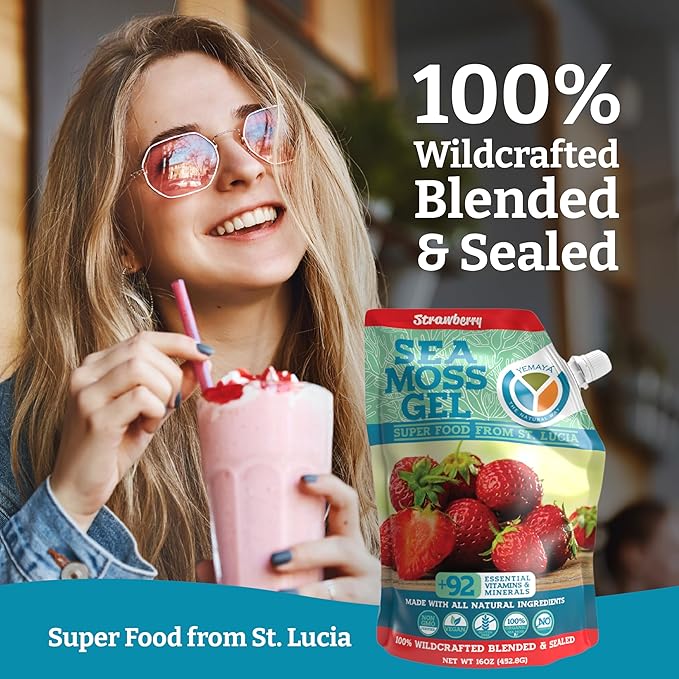 Yemayá Organic Sea Moss Gel Organic Raw | Wildcrafted Seamoss Gel Enhanced with Real Fruit Supports Immunity Energy Digestion Hair Skin &amp Nails | 16 oz Strawberry Flavor