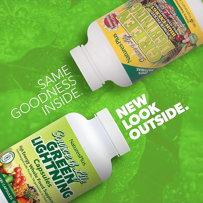 NaturesPlus Source of Life Green Lightning - 180 Capsules - All-Natural High-Energy Whole-Food Supplement - Green Superfoods &amp Digestive Enzymes - Gluten Free Vegetarian - 45 Servings