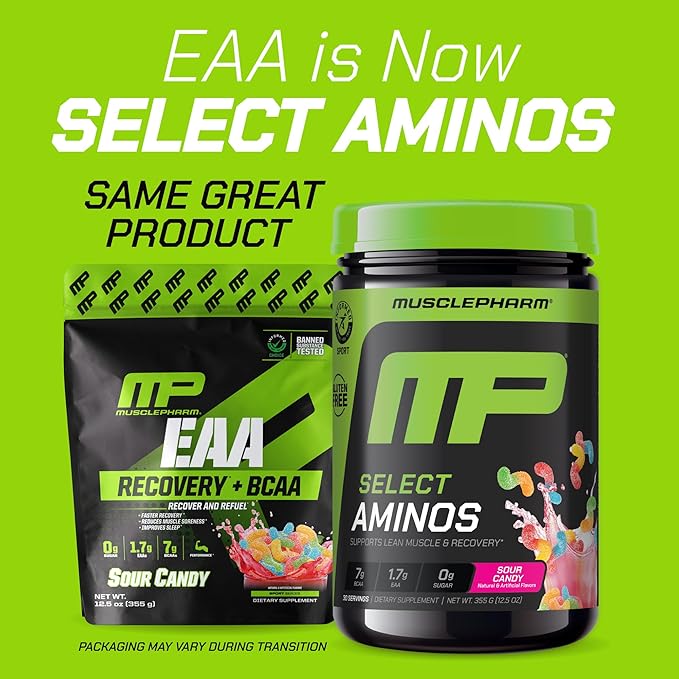 MusclePharm Select Amino's EAA + BCAAs Post Workout Essential Amino Acids Powder Pre Workout Energy Supplement for Men &amp Women with Branched Chain Amino Acids 30 Servings (Sour Candy)