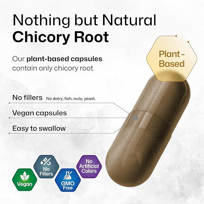 BIO KRAUTER® Chicory Root for Gut &amp Digestive Support - Pure Vegan Prebiotics &amp Fiber Supplement in Capsules 1200 mg per Serving 100 Count - No Fillers Non-GMO - 25 Days of Supply
