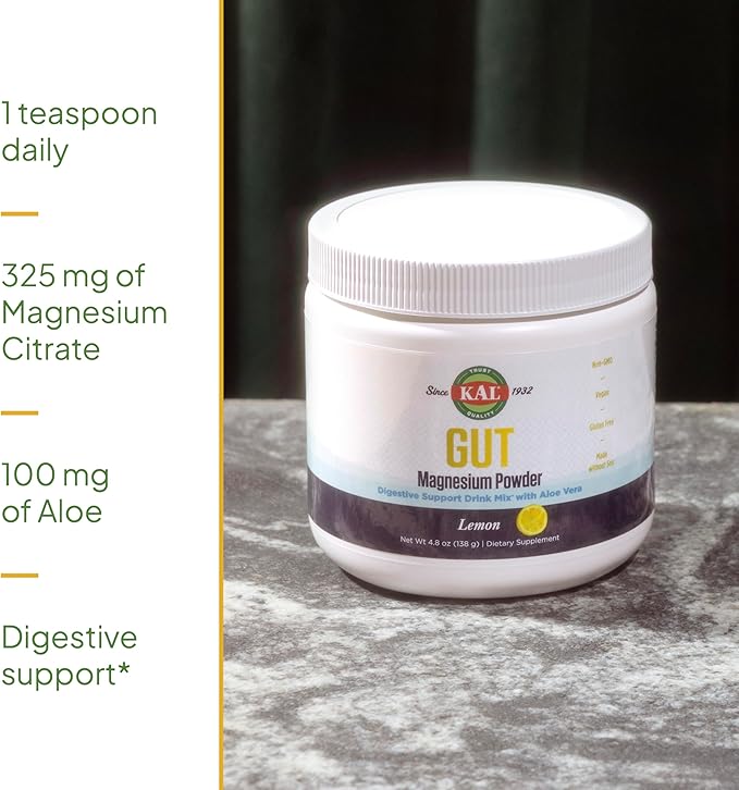 KAL Gut Magnesium Plus Aloe Vera Powder - Lemon Drink Mix - Magnesium Citrate Supplement with Aloe Vera Gel for Digestion &amp Relaxation Support - No Sugar - 60-Day Guarantee 40 Servings 4.8 OZ