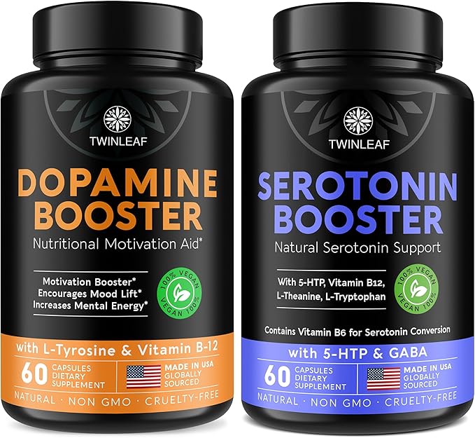 TWINLEAF Serotonin &amp Dopamine Support Bundle - 5HTP Vitamin B6 B12 GABA L-Tyrosine &amp L-Theanine for Mood &amp Mental Well-Being - 60 Capsules Each - Made in USA