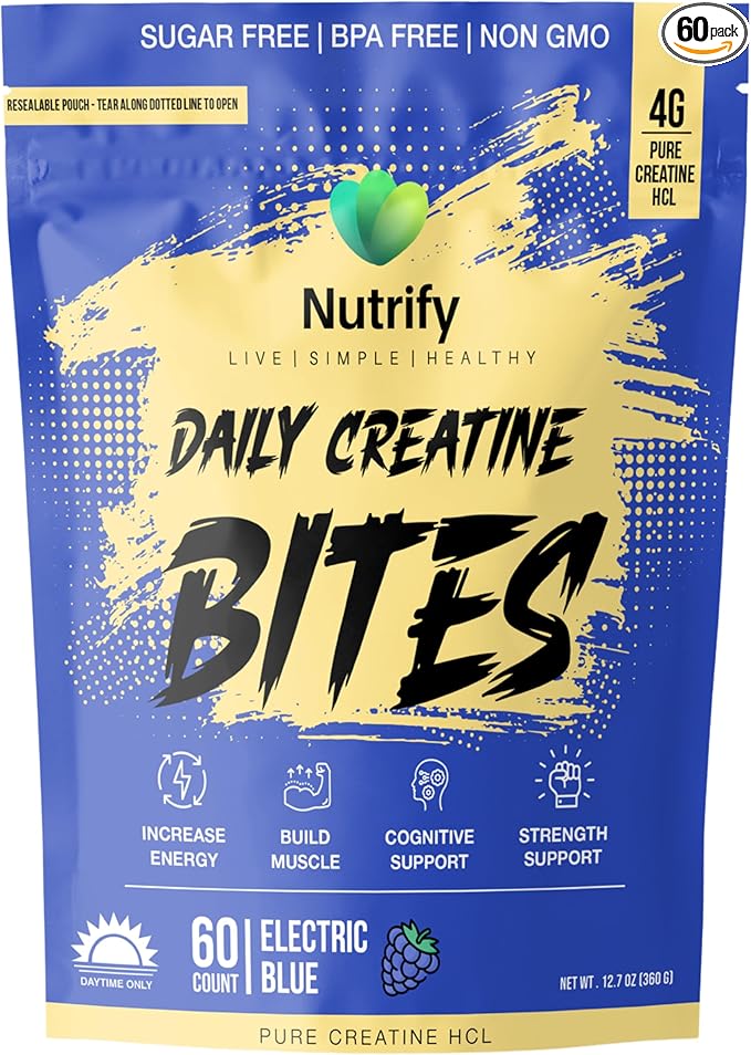 Nutrify Daily Creatine Gummies for Women and Men - 4g Creatine Monohydrate per Serving for Muscle Growth &amp Recovery - Sugar-Free Low-Calorie with Vitamin B12 for Energy Boost (Electric Blue)