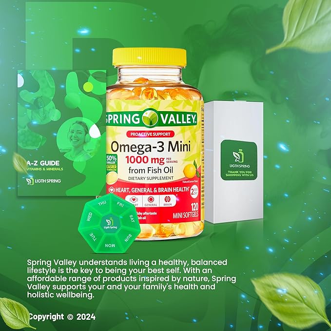 Spring Valley Omega-3 Mini Fish Oil Softgels 1000 mg 120 Count Bundle with Exclusive Vitamins &amp Minerals A to Z - Better Ligth&ampSpring Guide (2 Items)