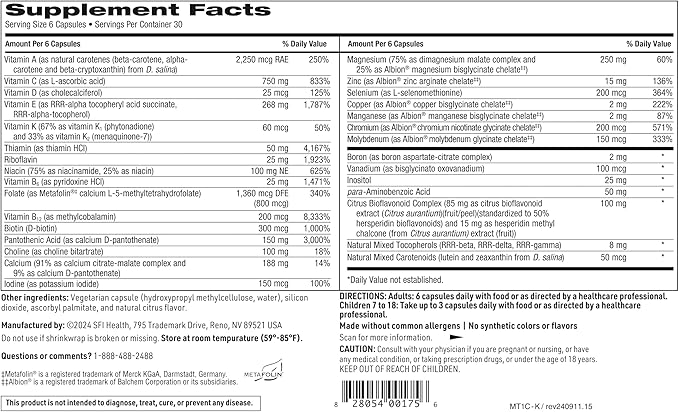 Klaire Labs SFI Health MultiThera 1 Plus K Iron-Free Multivitamin &amp Multimineral Capsule Formula with Vitamin K1 &amp K2 - High Potency with Active Folate No Iron (180 Capsules)