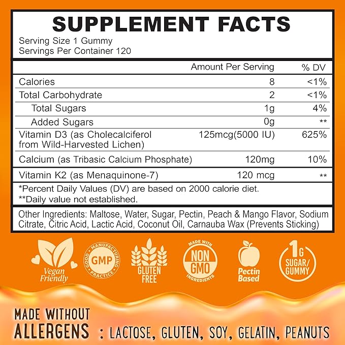 OH MY CHEWY Center-Filled Vitamin D3 K2 &amp Calcium Gummies - Supplement for Healthy Teeth Bone &amp Energy - 5000 IU D3 120 mcg K2(MK-7) 120 mg CA - Vegan &amp Non-GMO - 120 Count