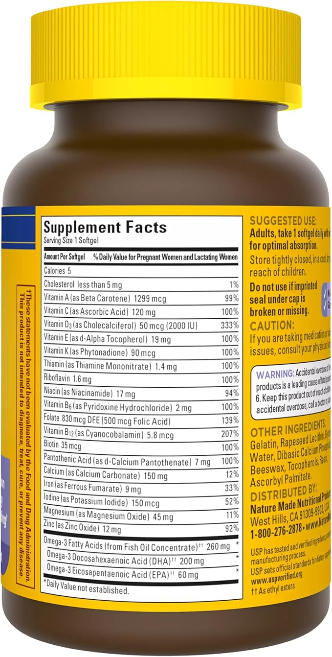 Nature Made Postnatal Multivitamin + DHA 200 mg Postnatal Vitamins for Women Includes Iron Vitamin D3 Calcium Iodine &amp More for Breastfeeding Moms 60 Softgels