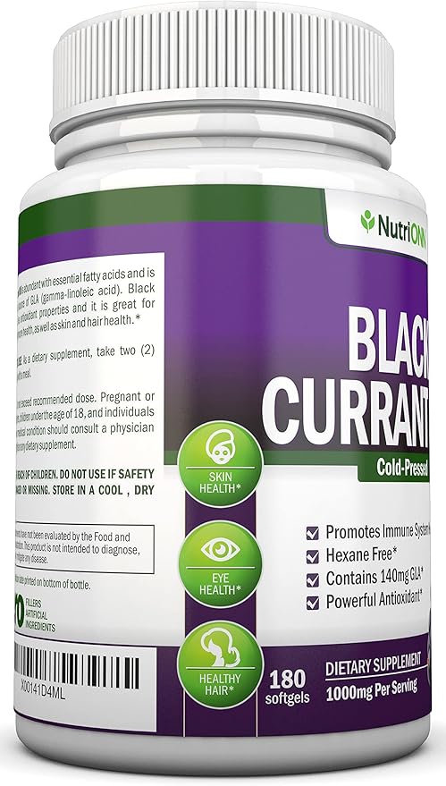 Black Currant Oil - 1000 Mg - 180 Softgels - Cold-Pressed Pure Black Currant Seed Oil - Hexane Free - 140mg GLA Per Serving - Regulates Hormonal Balance - Great For Immune System Hair and Skin
